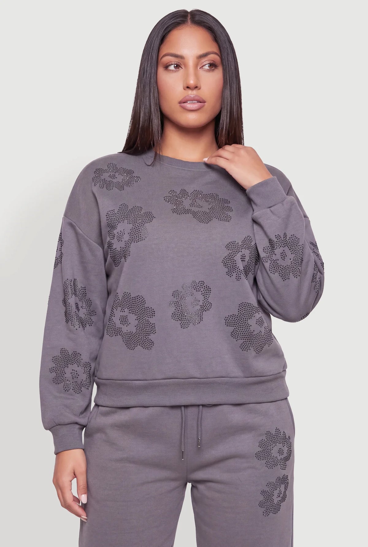 Almost Famous Rhinestone Patterned Pullover Sweatshirt