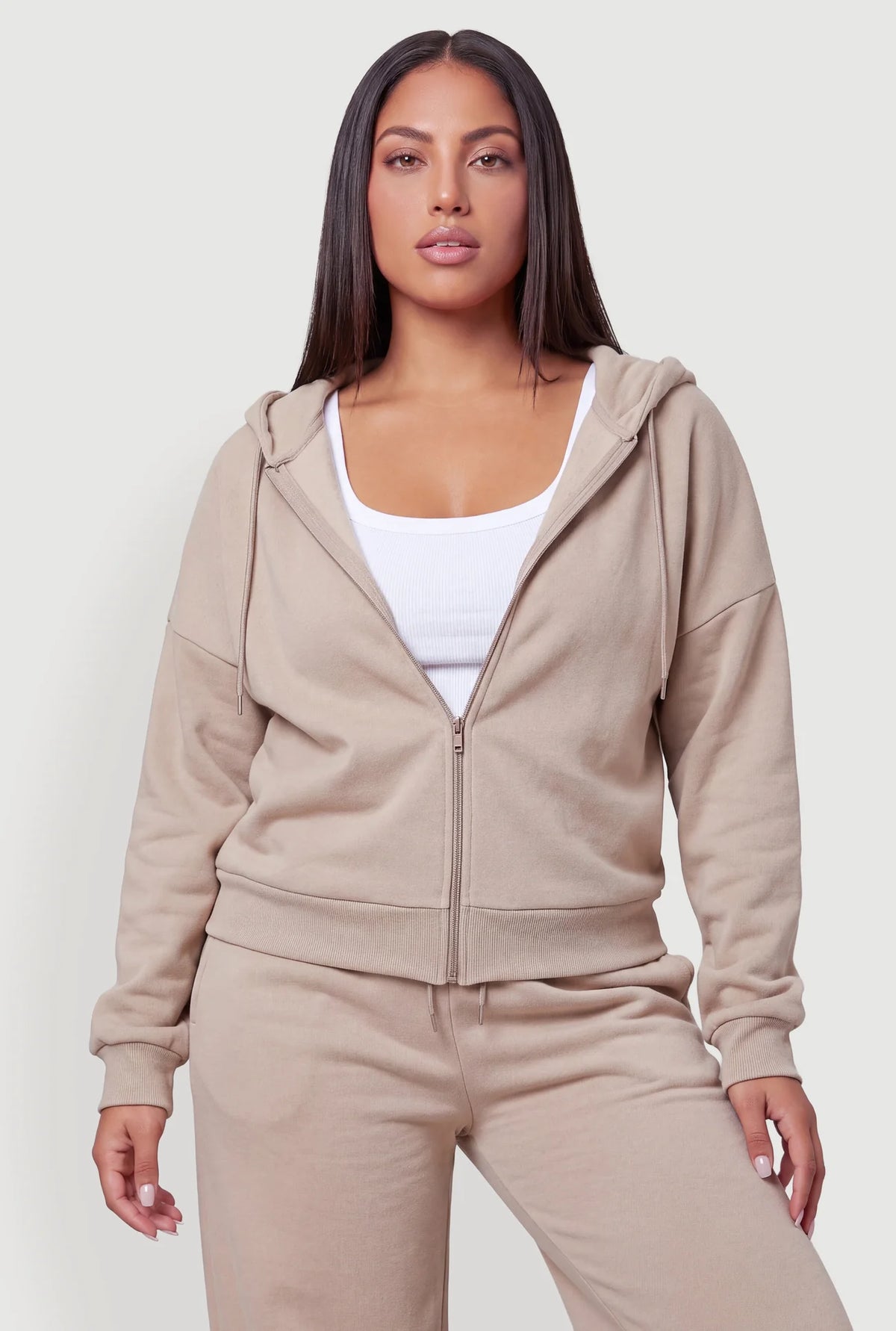 Zip Front Drop Shoulder Hooded Sweatshirt