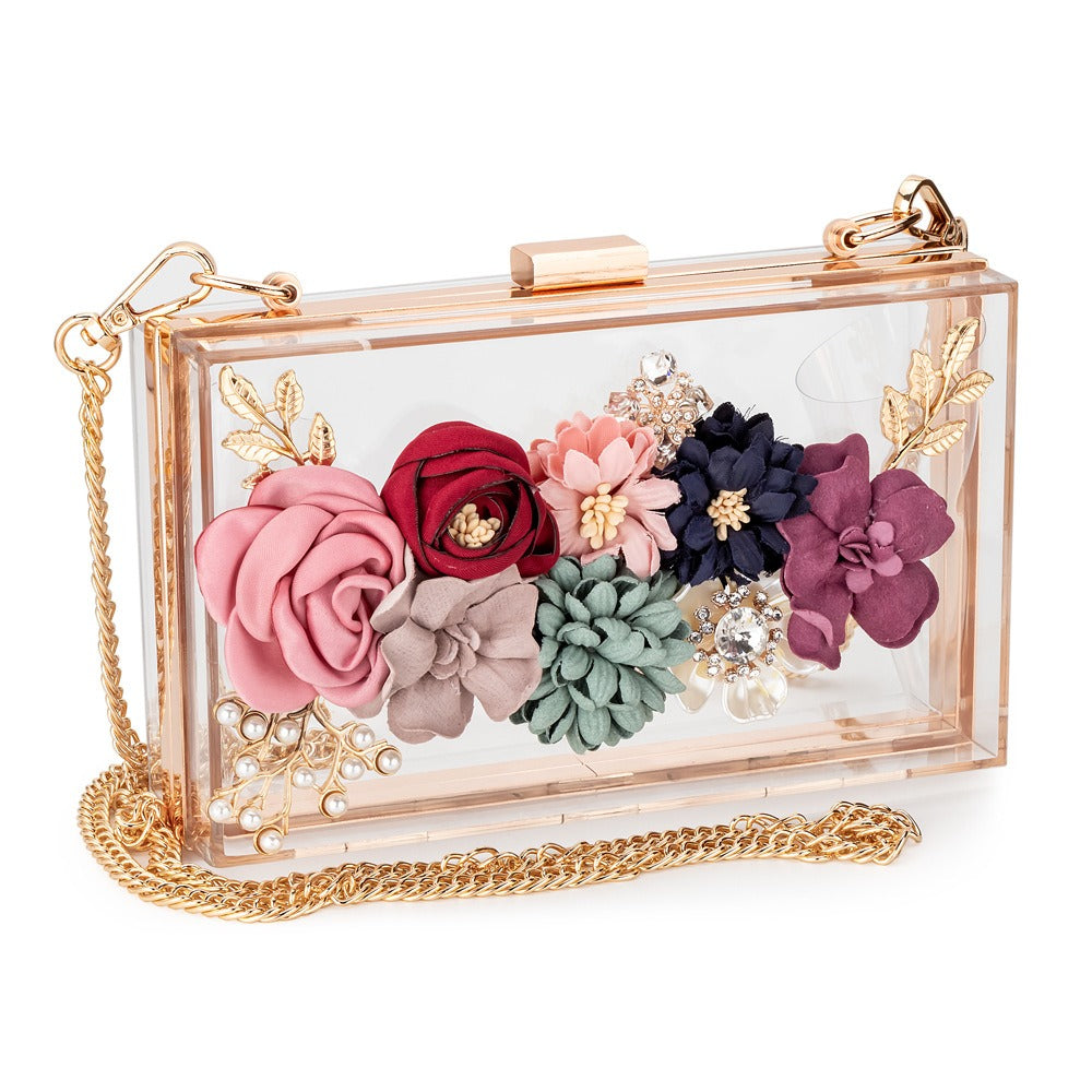 Transparent Flower Acrylic Square Chain Clutch Bag