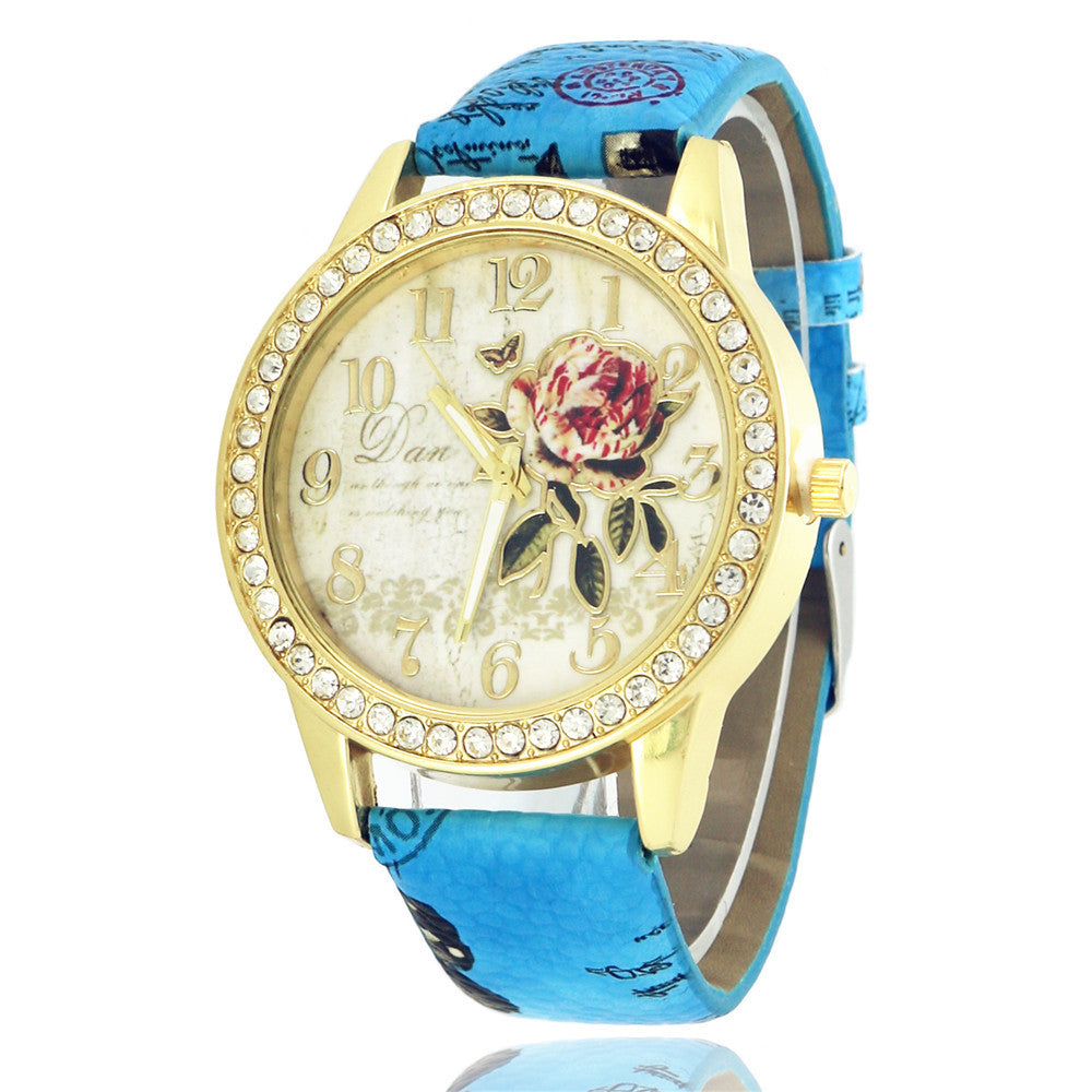Diamond-inlaid Gold Case Rose Pattern Fashion Quartz Watch
