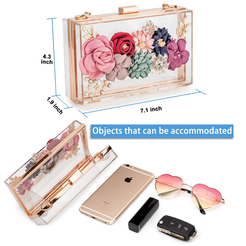 Transparent Flower Acrylic Square Chain Clutch Bag