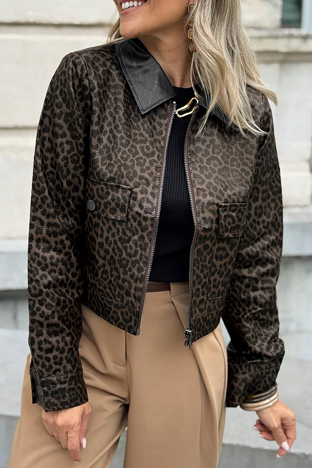 Leopard Print Color block Collar Metal Placket Jacket