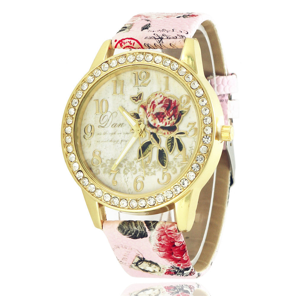 Diamond-inlaid Gold Case Rose Pattern Fashion Quartz Watch