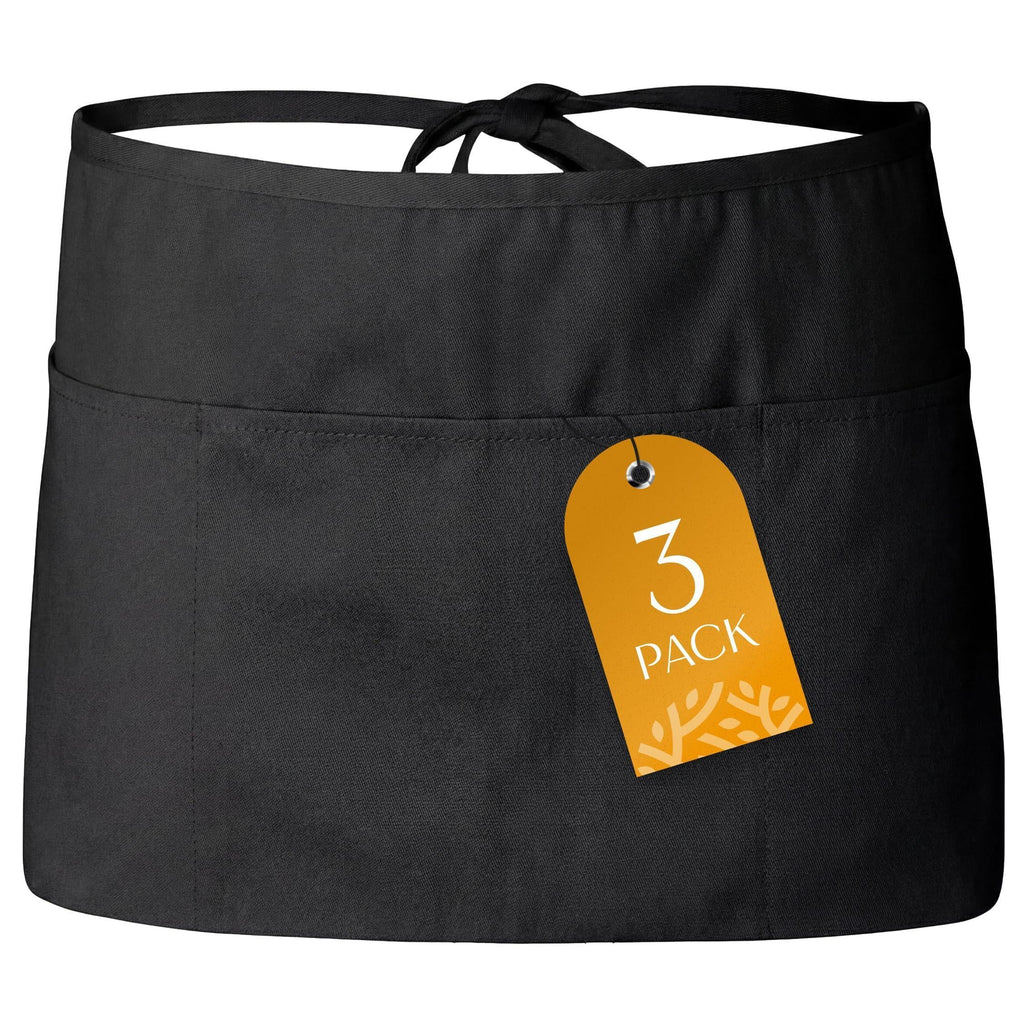 White Classic 3 Pack   Black Server Waist Aprons with 3 Pockets Waitress Half Apron