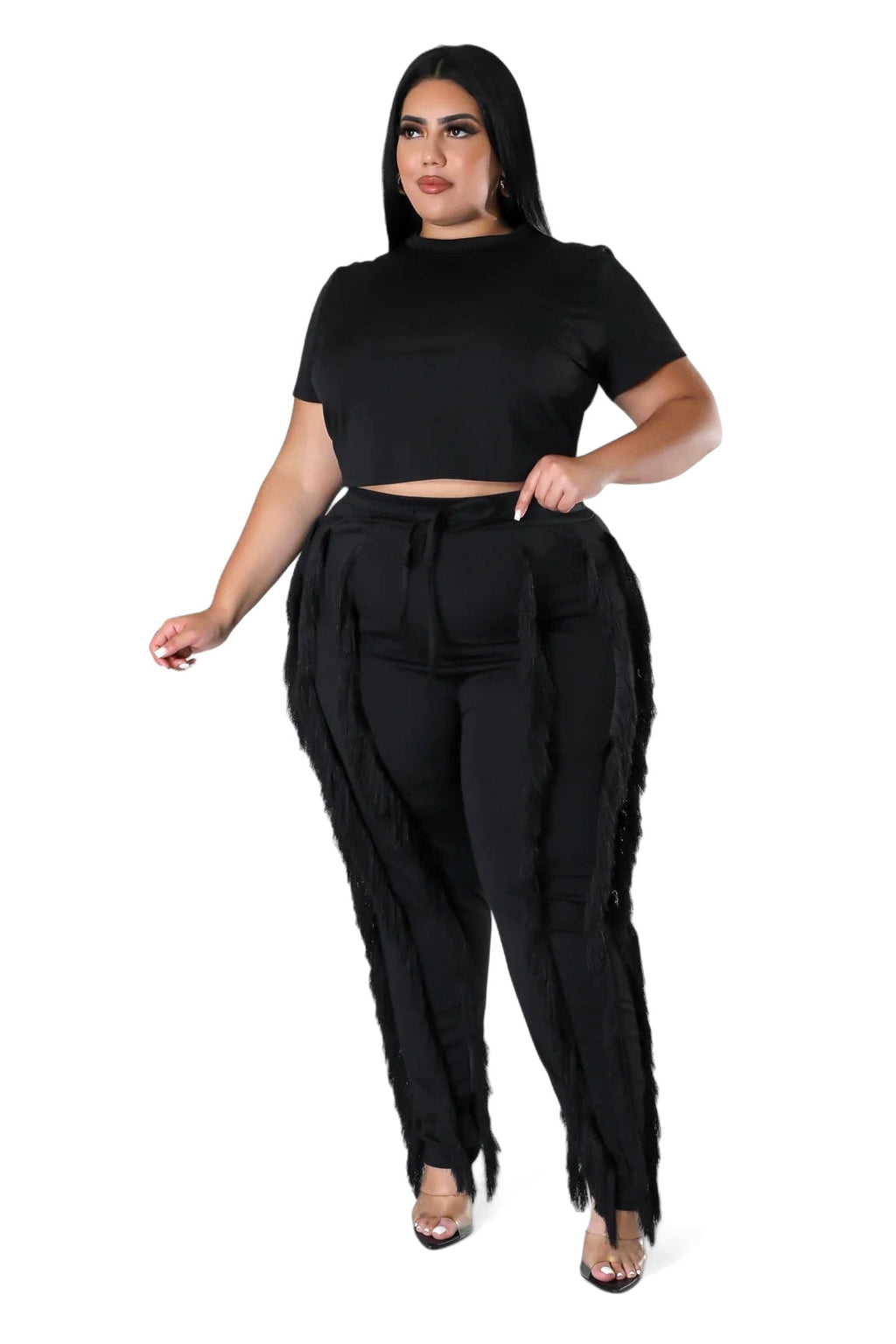 Curvy Short Sleeve Top Matching Tassel Pants