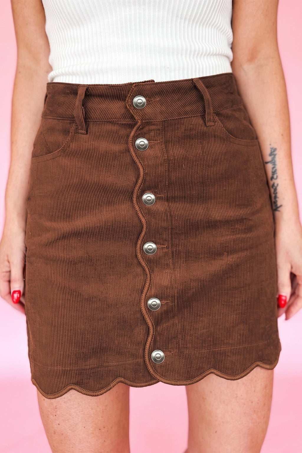 Coffee Corduroy Mini Pockets Sheath Silhouette Skirt