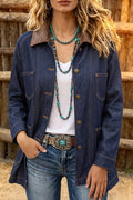 Navy Blue Contrast Collar Denim Jacket