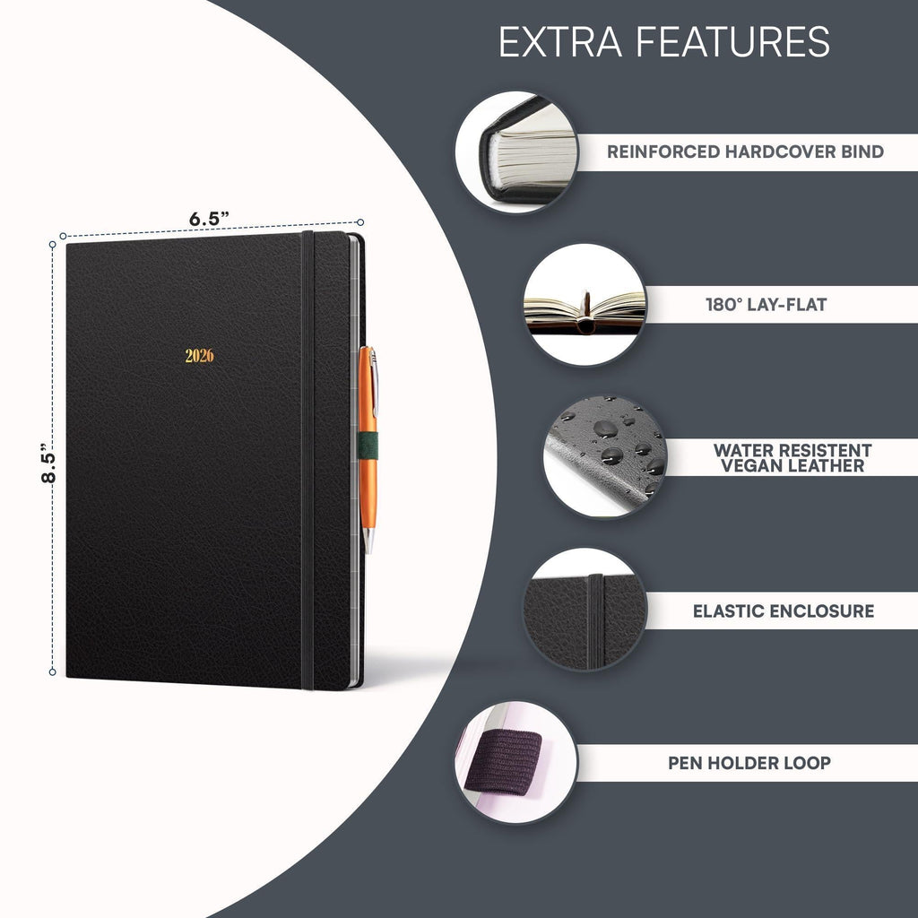 2026 Hardcover Appointment Book Planner 8.5x11 inch Black Large Tabbed Daily Hourly Weekly Planner Schedule Book 15 Minute time Slots Business & Personal Planner Jan 2026 Dec 2026 Black