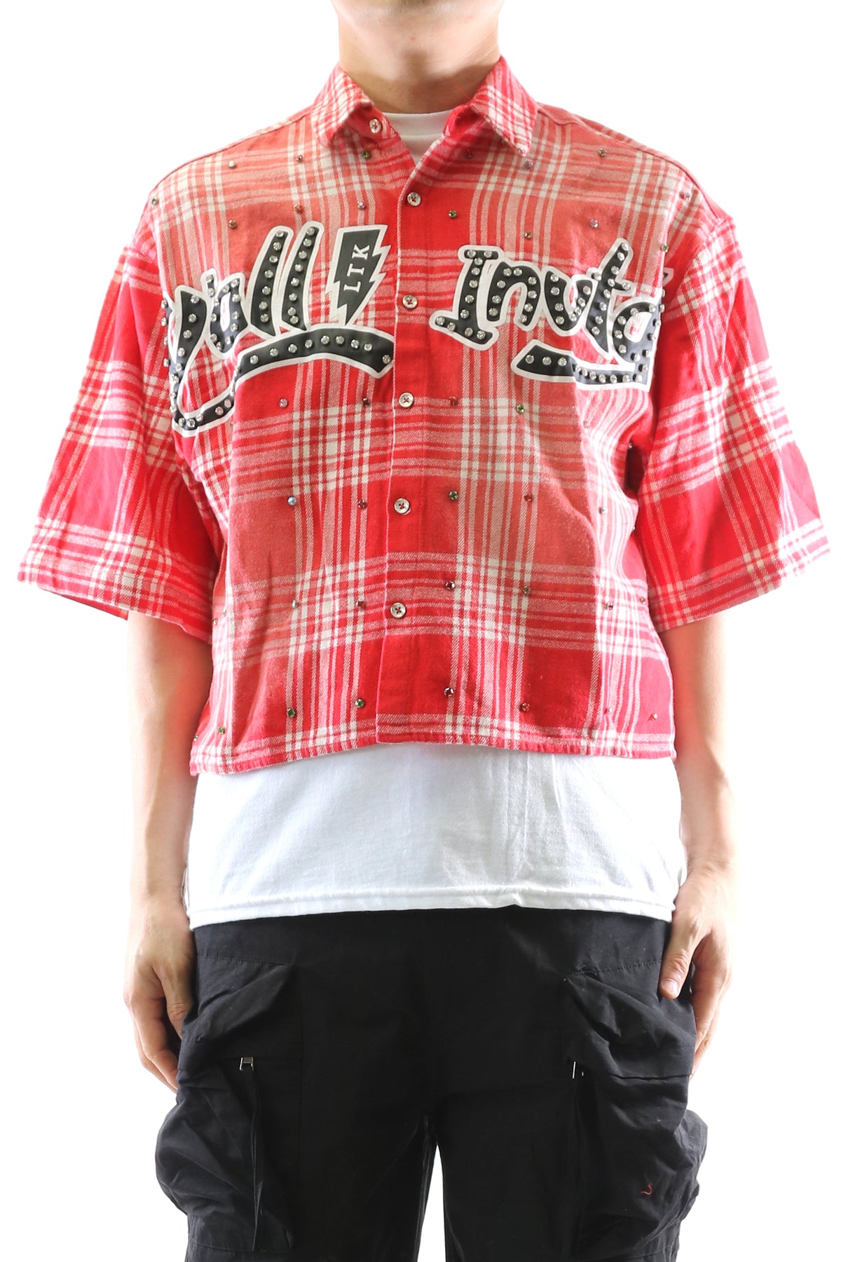 LIADE Washed Flannel Crop Top Button Down Shirt