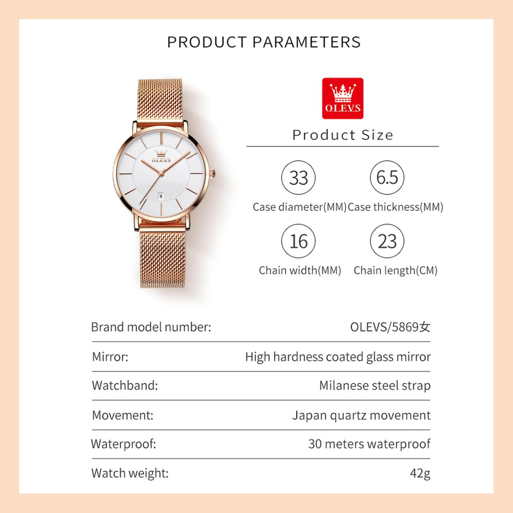 OLEVS Women's Watch Luxury Dress Rose Gold Women Slim Thin Lightweight Watch Stainless Steel Mesh Watches Fashion Waterproof Ladies Wrist Watch Black White Blue Face,Adjustable Bracelet