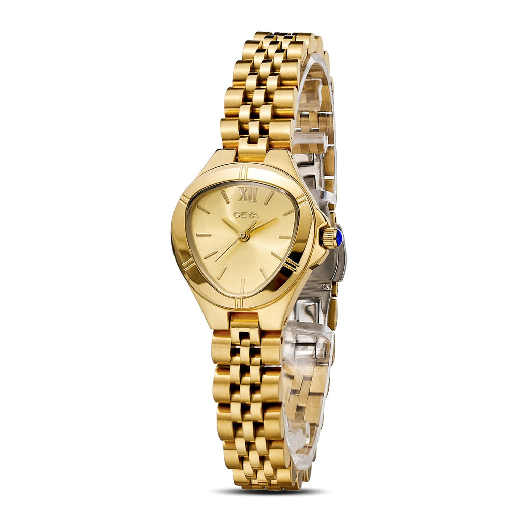 GeYa Vintage Gold Watches for Women Dainty Ladies Quartz Wristwatch,316L Stainless Steel Bracelet for Small Wrist,3ATM Waterproof,Triangle Shape,Birthday Gifts,with Tools,24.5mm