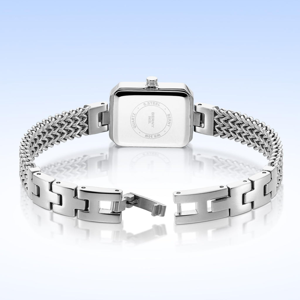 BERNY Silver Watches for Women Ladies Wrist Watch and Bracelet Set Dainty Quartz Bracelet Watch Premium Crystal Accented Fashion Luxury Birthday Present for Women