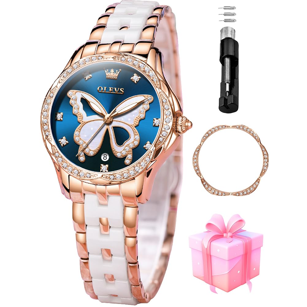OLEVS Watches for Women Rose Gold Two Tone Fashion White Ceramic Ladies Wrist Watches Pink/Red Dial Stainless Steel Waterproof Date