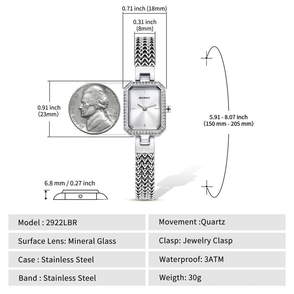 BERNY Silver Watches for Women Ladies Wrist Watch and Bracelet Set Dainty Quartz Bracelet Watch Premium Crystal Accented Fashion Luxury Birthday Present for Women