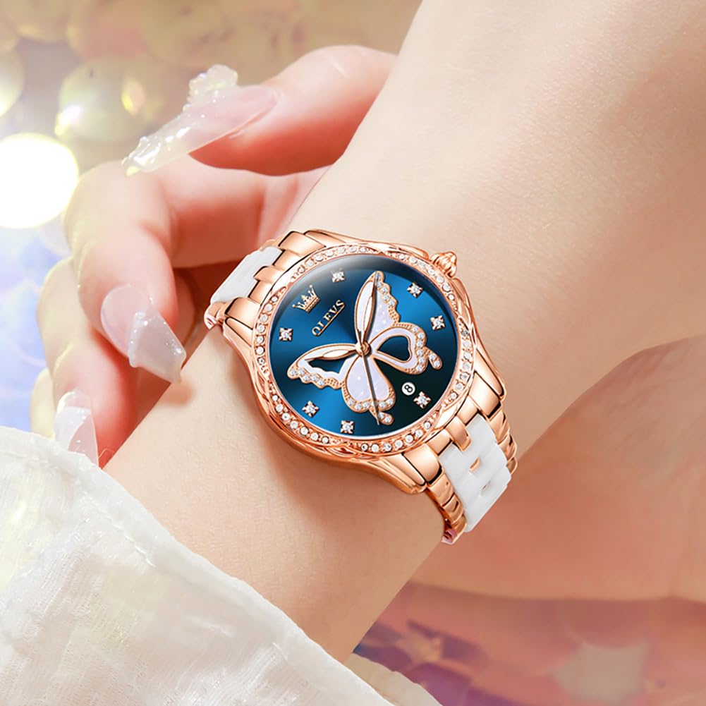 OLEVS Watches for Women Rose Gold Two Tone Fashion White Ceramic Ladies Wrist Watches Pink/Red Dial Stainless Steel Waterproof Date
