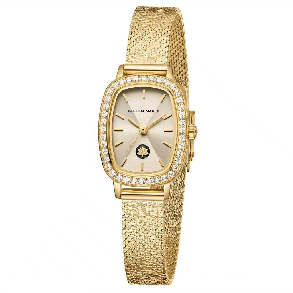 GOLDEN MAPLE Watches for Women, Dainty Gold Watch with Small Stainless Steel Case, Quartz Movement and Water Resistant, Adjustable Mesh Band
