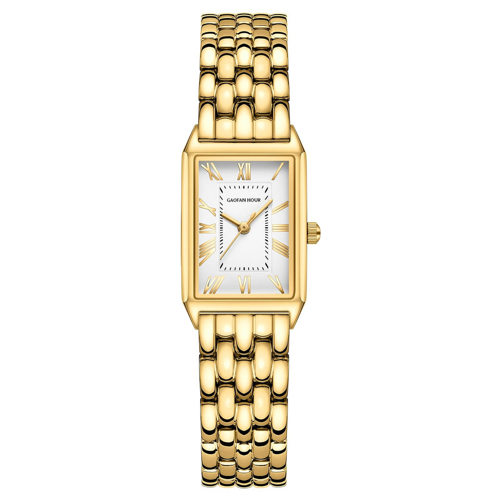 Gold Watches for Women with Vintage Rectangular Case,White Roman Dial,Stainless Steel Band,Adjustment Tool Included,Water Resistant