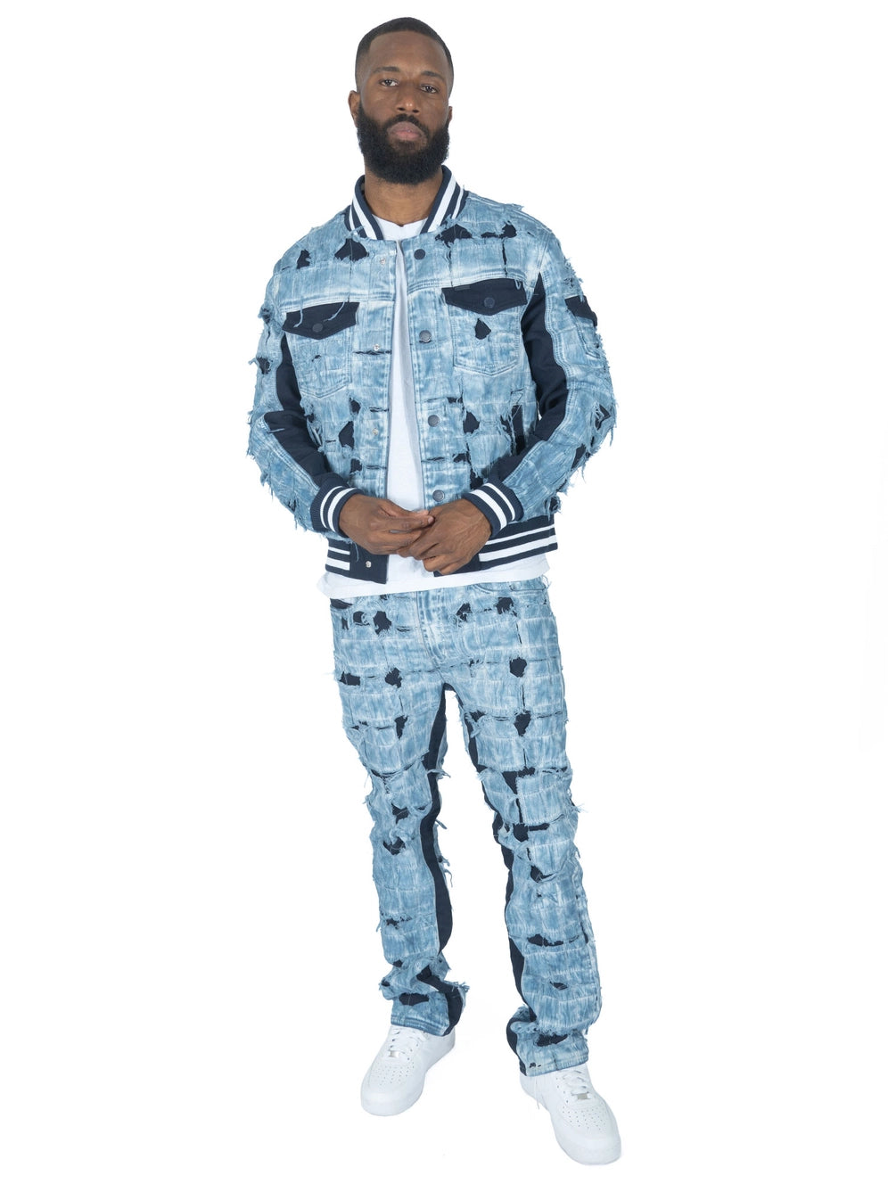 Positano Ripped Overlay Denim Set - Blue Big & Tall