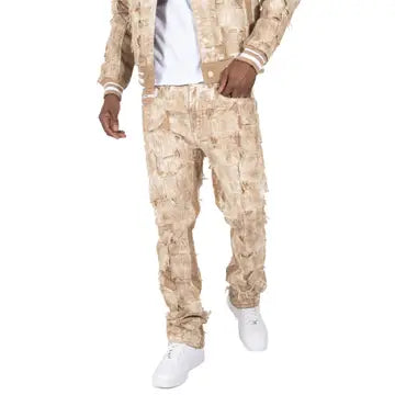 Positano Ripped Overlay Denim Set - Khaki Big & Tall
