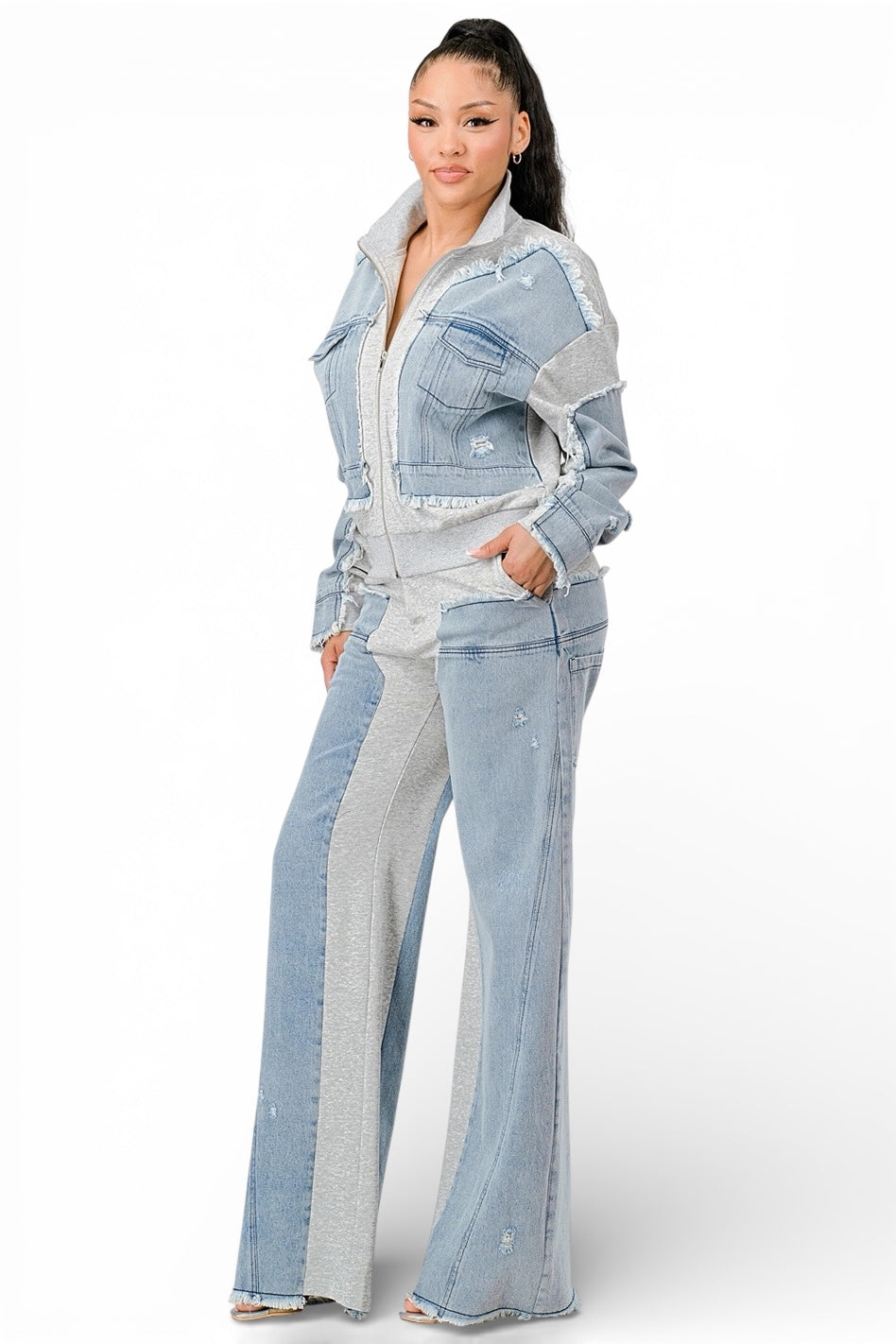 Mixed Material Denim Zip Up Jacket & Wide Leg Pants Set