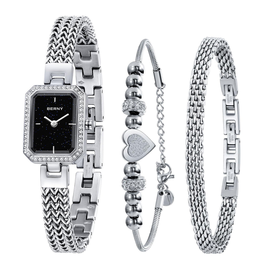 BERNY Silver Watches for Women Ladies Wrist Watch and Bracelet Set Dainty Quartz Bracelet Watch Premium Crystal Accented Fashion Luxury Birthday Present for Women