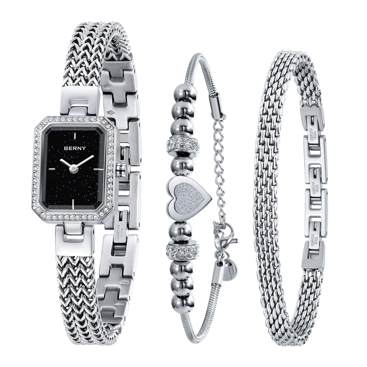 BERNY Silver Watches for Women Ladies Wrist Watch and Bracelet Set Dainty Quartz Bracelet Watch Premium Crystal Accented Fashion Luxury Birthday Present for Women