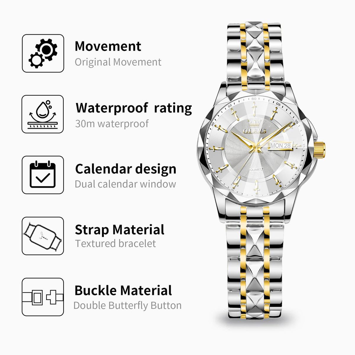 OLEVS Women's Luxury Elegant Watch, Fashion Waterproof Ladies Dress Watch, Stainless Steel Gold Silver Watches for Women, Small Wrist with Day Date, Ideal for Gift Daily Wear