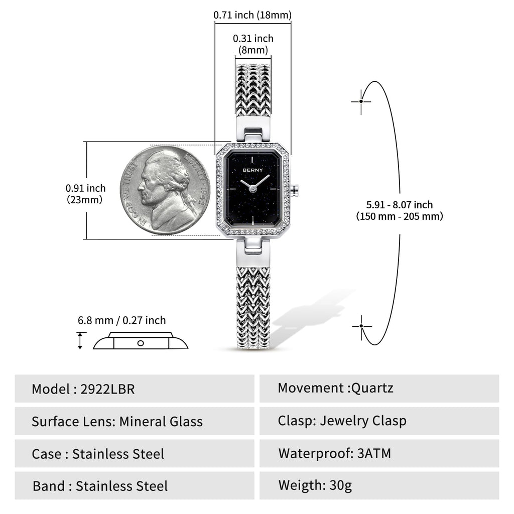 BERNY Silver Watches for Women Ladies Wrist Watch and Bracelet Set Dainty Quartz Bracelet Watch Premium Crystal Accented Fashion Luxury Birthday Present for Women