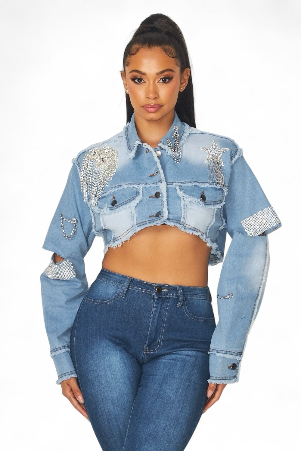 Medley Rhinestone Detail Crop Denim Jean Jacket