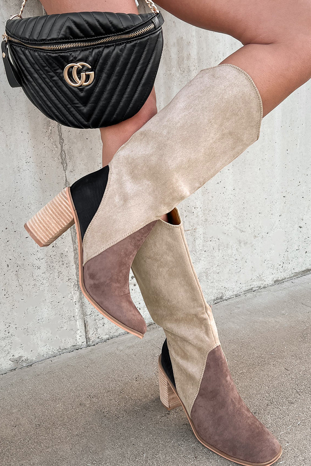 Coffee Color Block Suede Calf Length Chunky Heel Boots