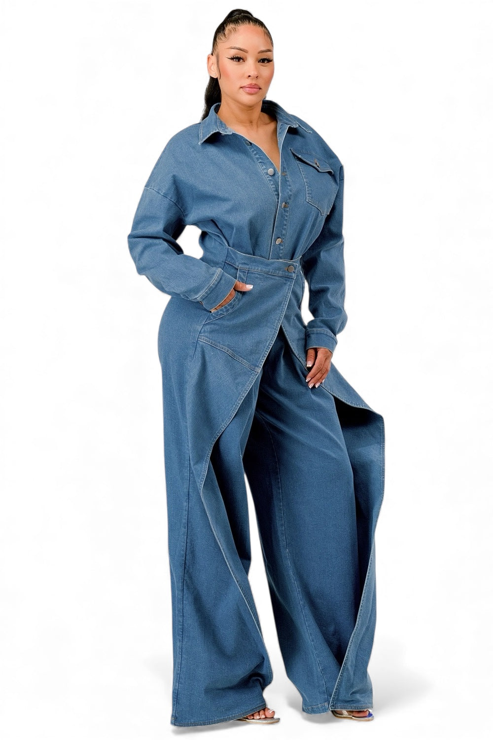 Denim Draped Wide-Leg Jumpsuit