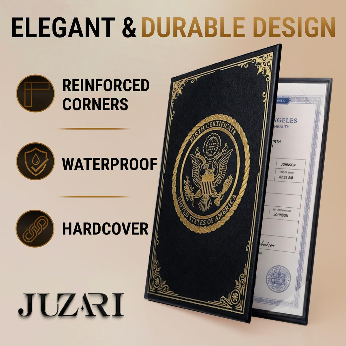 Birth Certificate Holder 8.5x11 Black Faux Leather Document Protector for Records Letter Size Durable Birth Certificate Document Holder Sleeve Protective Keepsake Folder with Gold Foil Cover