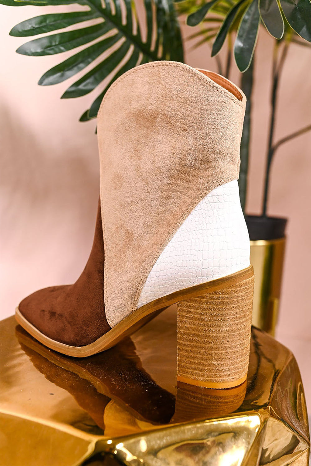 Chestnut Color Block Suede Heeled Ankle Booties