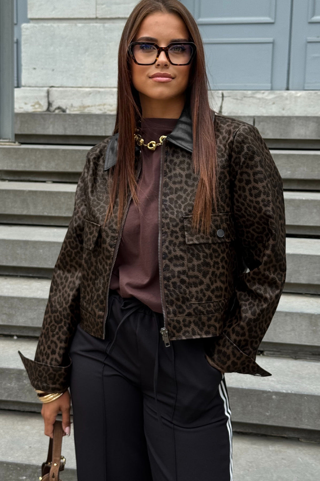 Leopard Print Color block Collar Metal Placket Jacket