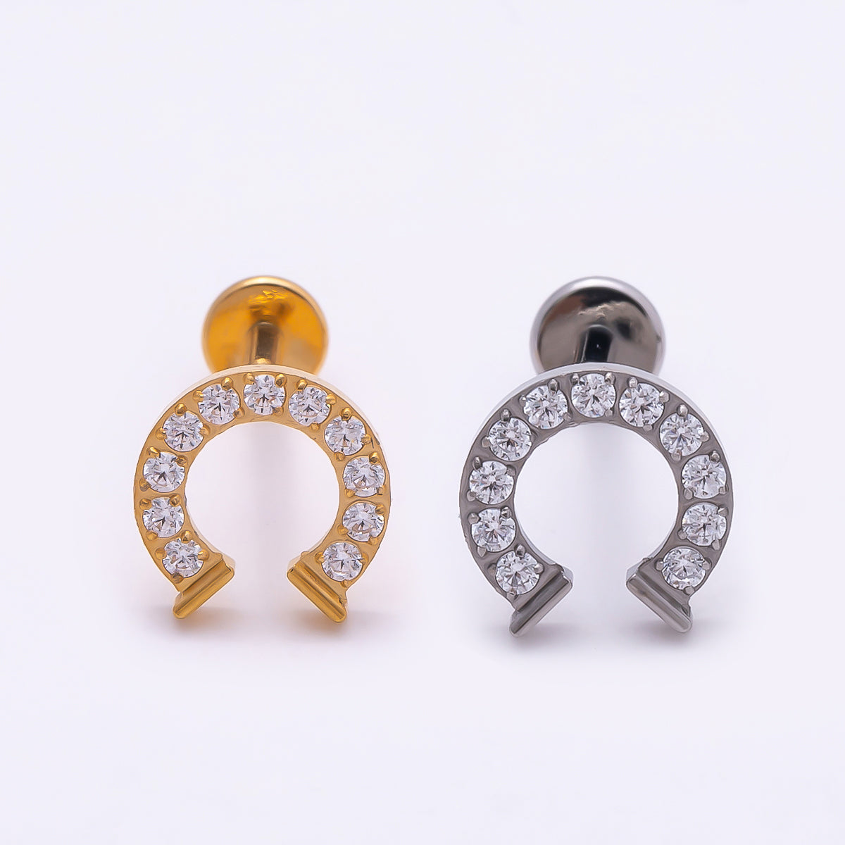 Titanium 7.5mm Micro Paved CZ Horseshoe Cartilage Piercing Flat Back Stud in Gold & Silver | BJ-00126 BJ-00127