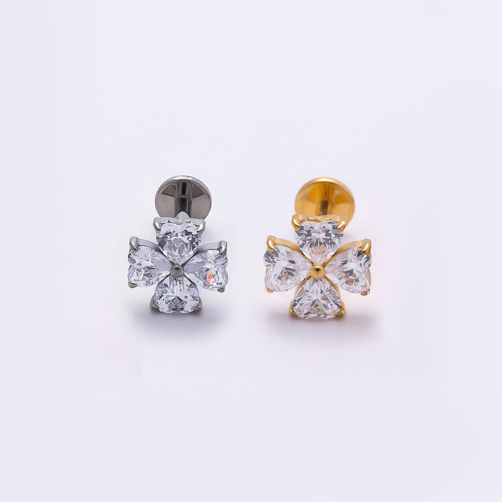 Titanium 6.6mm Clear CZ Heart Clover Single Cartilage Piercing Flat Back Stud in Gold & Silver | BJ-00007 BJ-00008