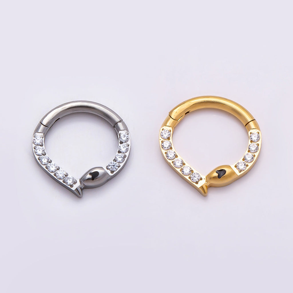 Titanium 10mm Micro Paved CZ Snake Single Septum Nose Piercing Clicker in Gold & Silver | BJ-00013 BJ-00014