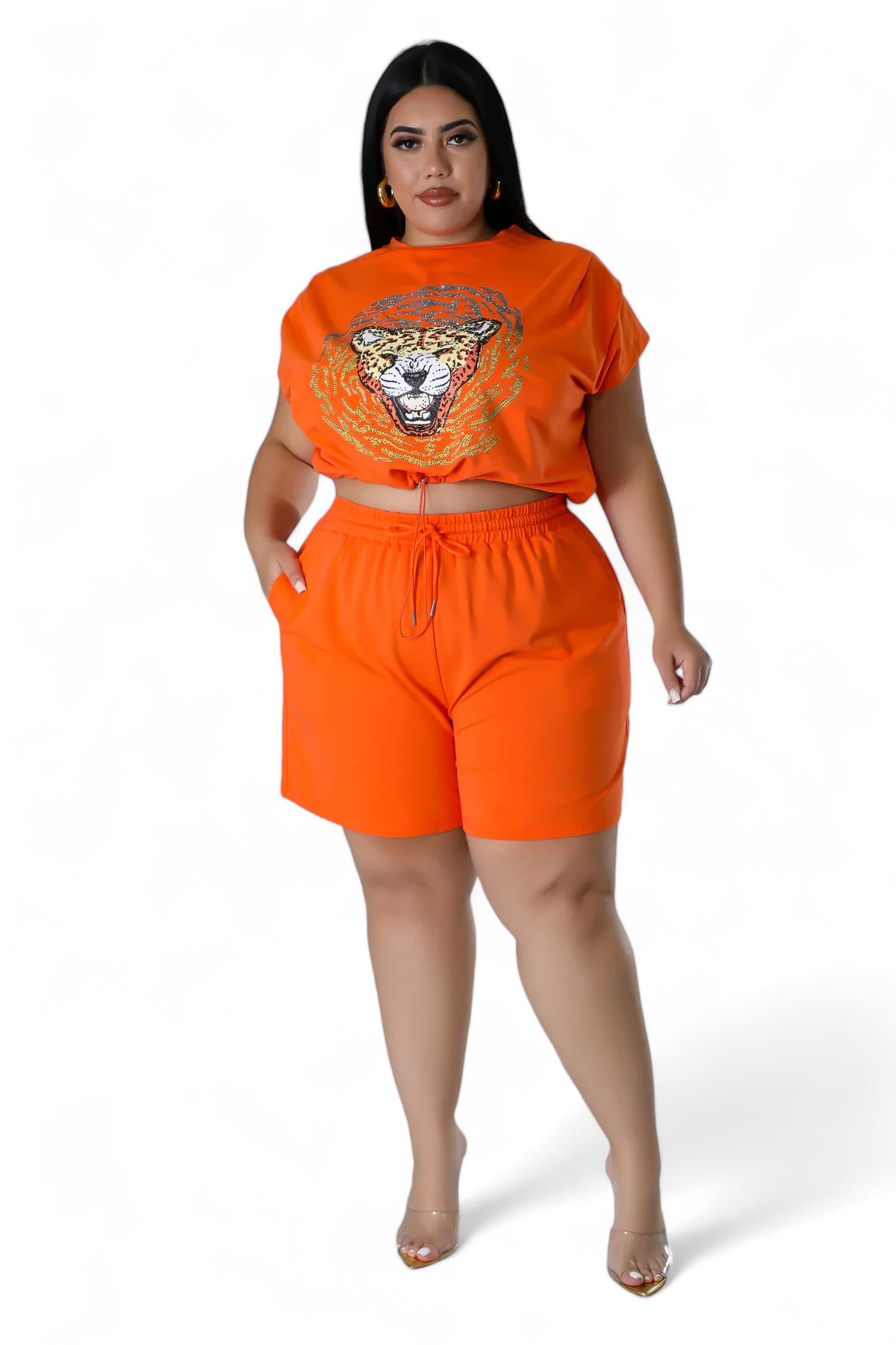 Curvy Two Piece Glitter Tiger Biker Short Set