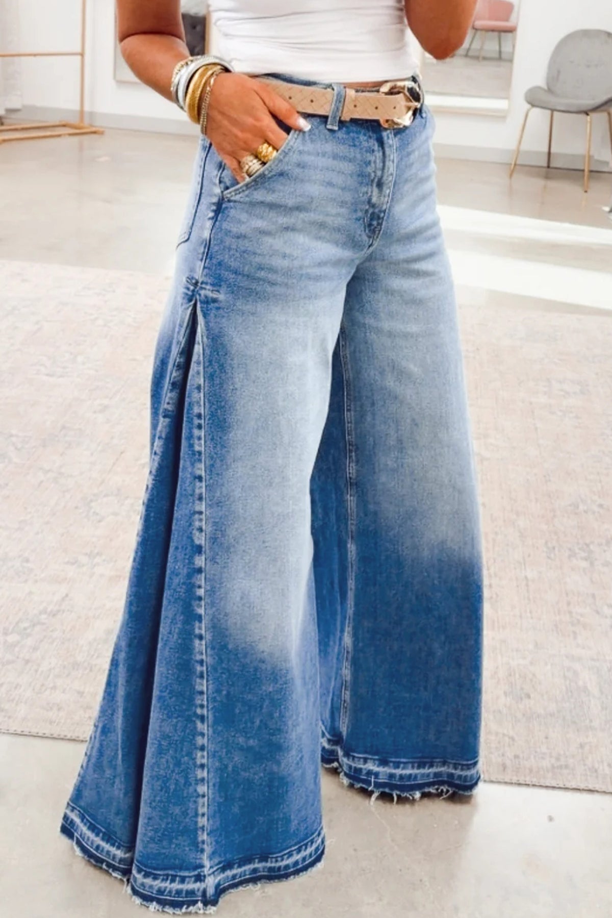 Myosotis Side Seam Gathering Flare Leg Denim Pants