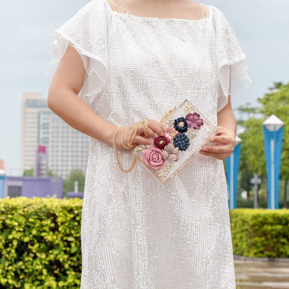 Transparent Flower Acrylic Square Chain Clutch Bag
