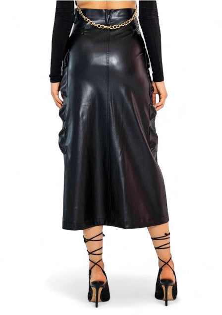 Vegan Leather Cargo Column Skirt