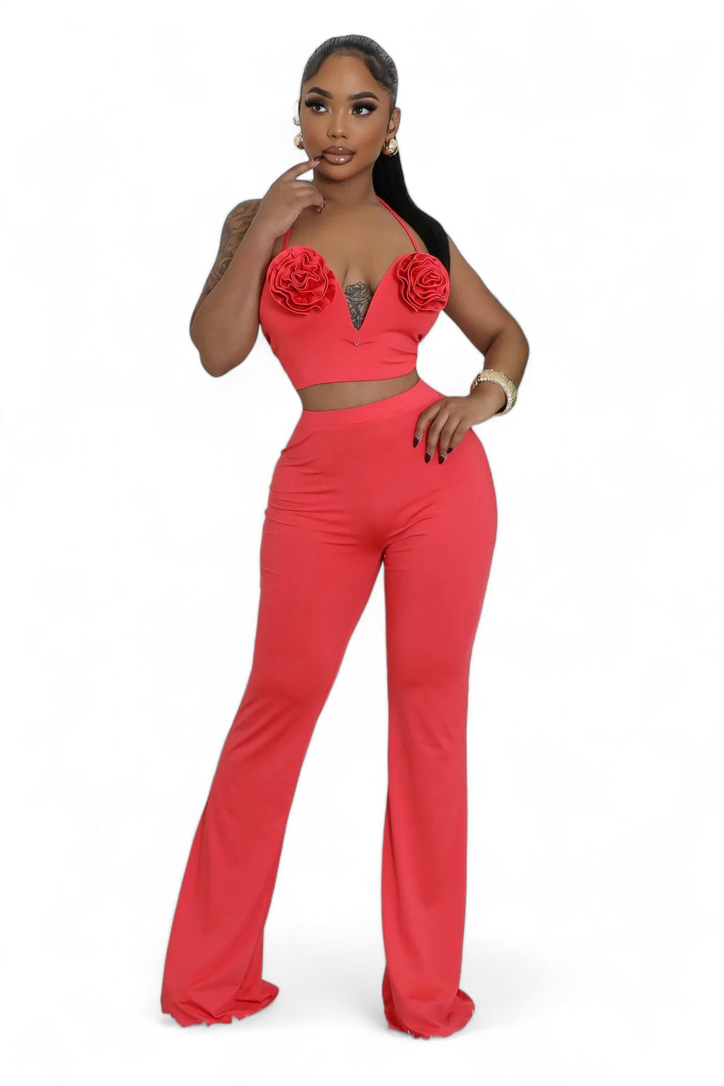 Red Two Piece Rose Top Pants Set