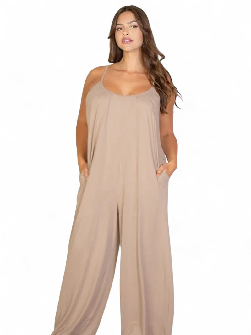 Curvy Spaghetti Strap Solid Wide Jumpsuit  {BP5554X}
