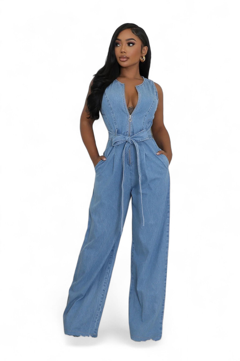 Denim Front Zipper Wide Leg Jumpsuit