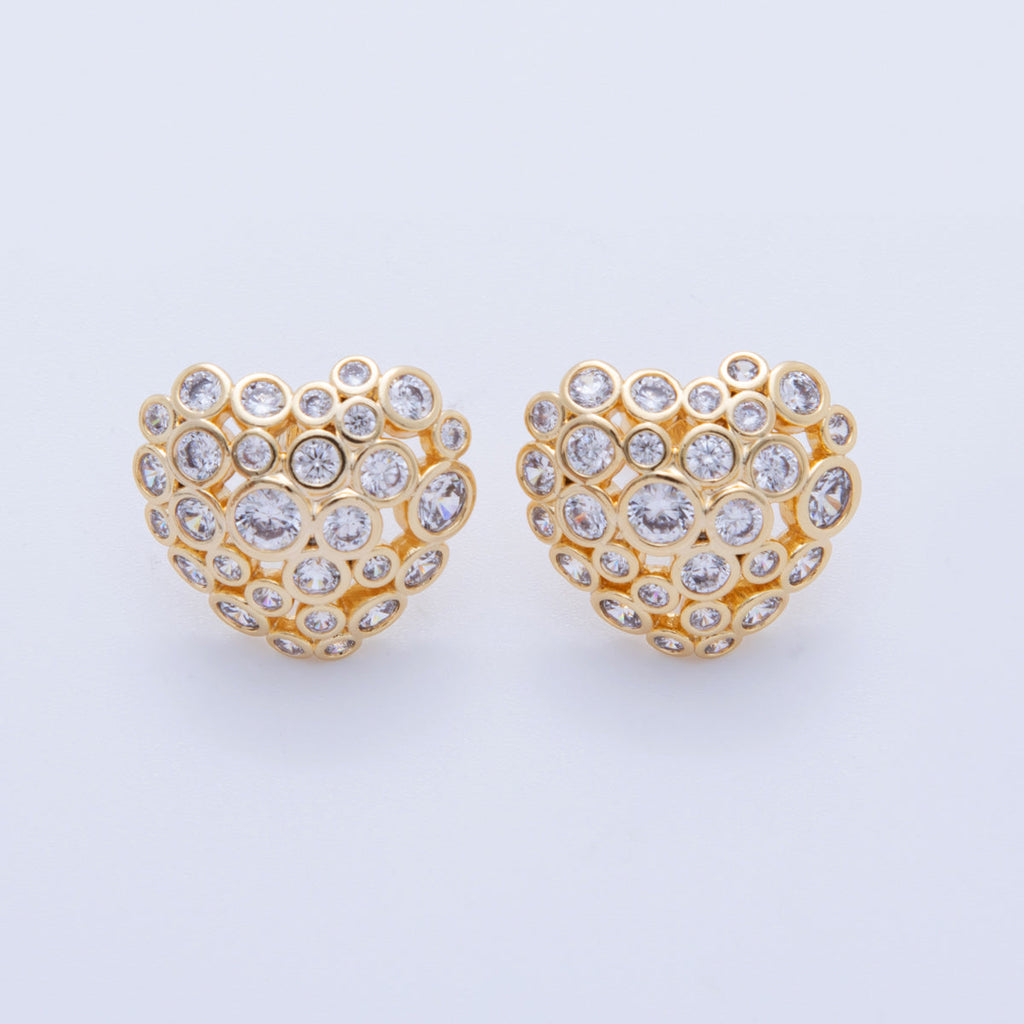 18K Gold Filled Clear CZ Dotted Dome Heart Stud Earrings | AI358