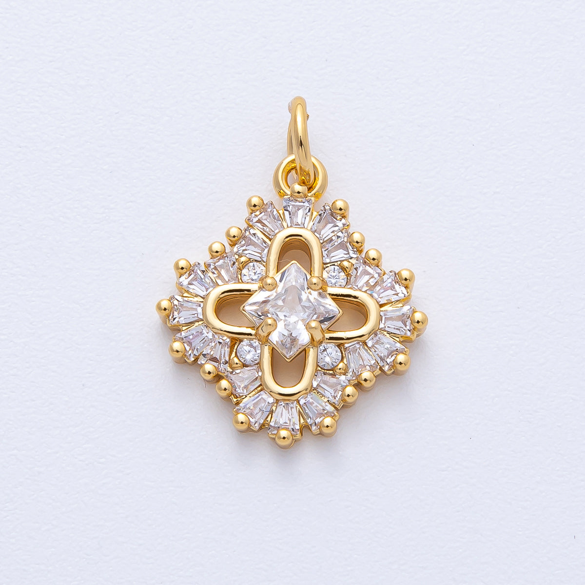 18K Gold Filled 17mm Clear Baguette CZ Clover Flower Open Charm | AK181