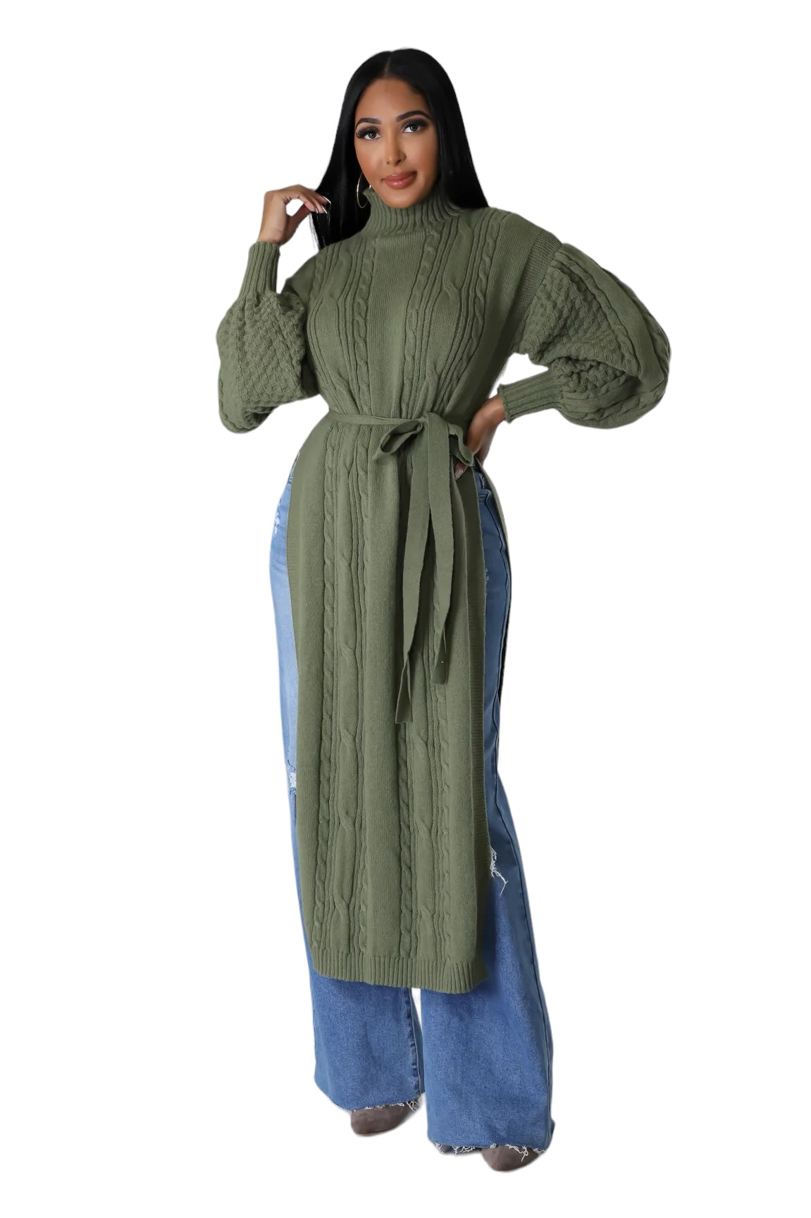 Long Knit Midi Mock Neck Sweater with Slits