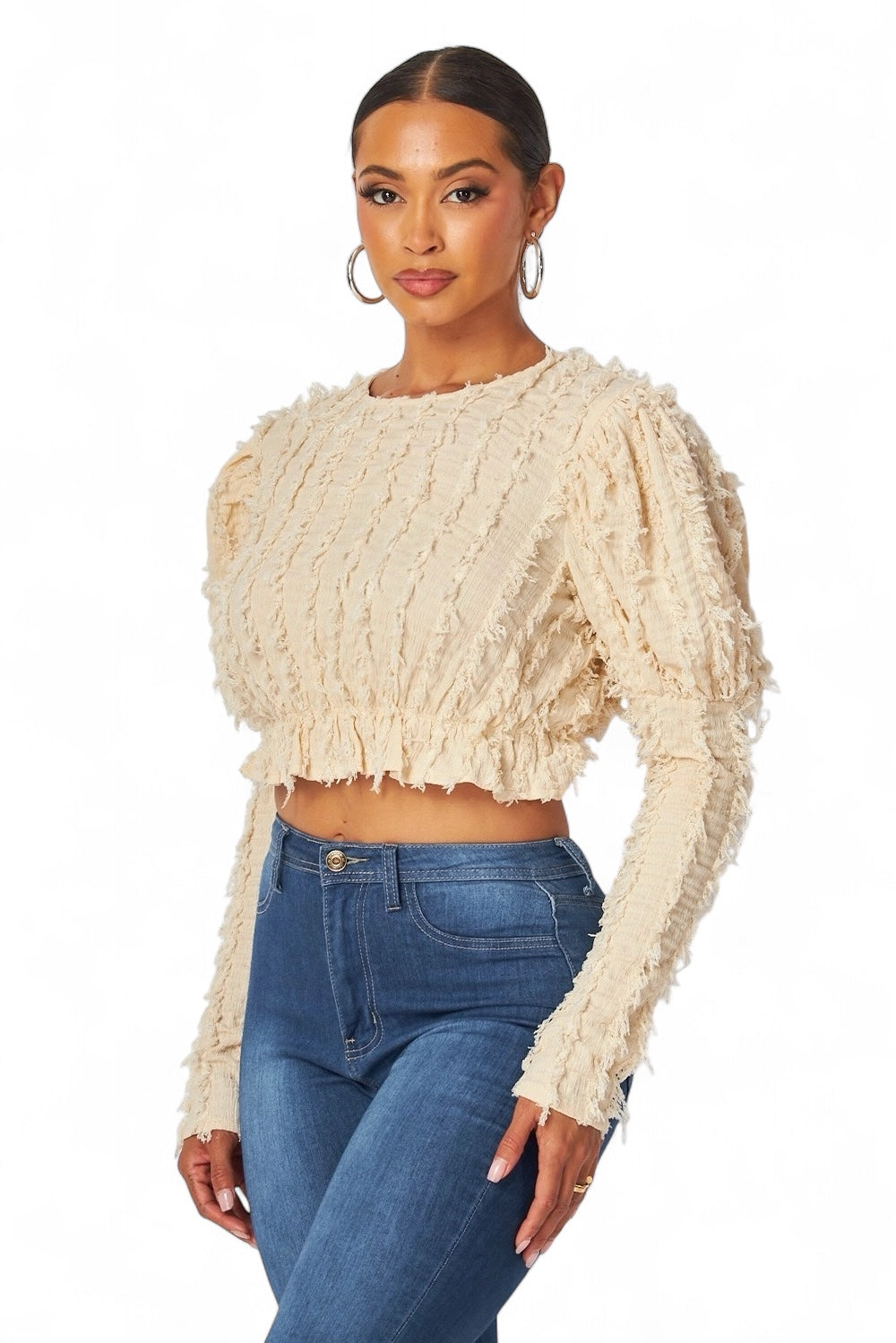 Alexandria Puff Long Sleeve Shaggy Peplum Crop Top
