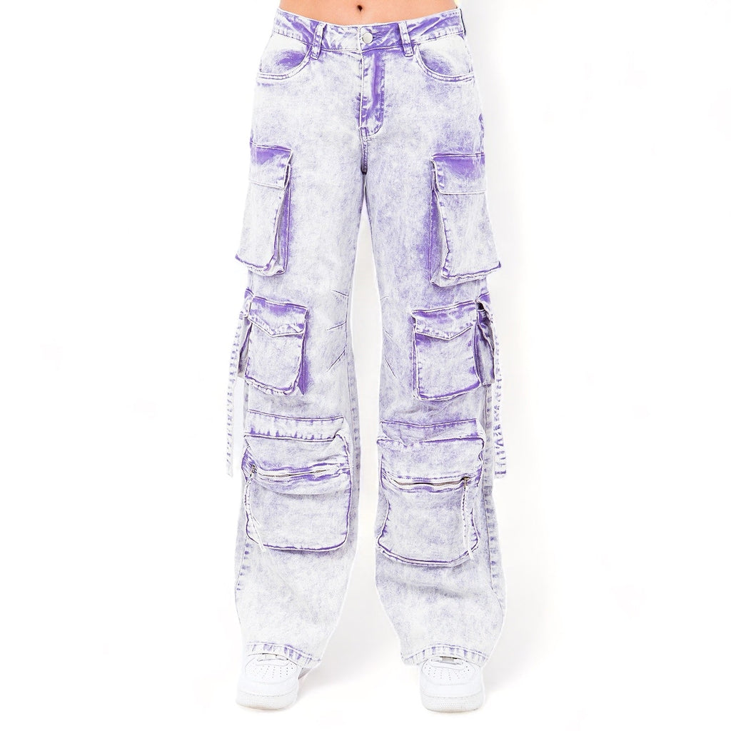 Multiple Pocket Acid Wash Denim Pants- RJH30665