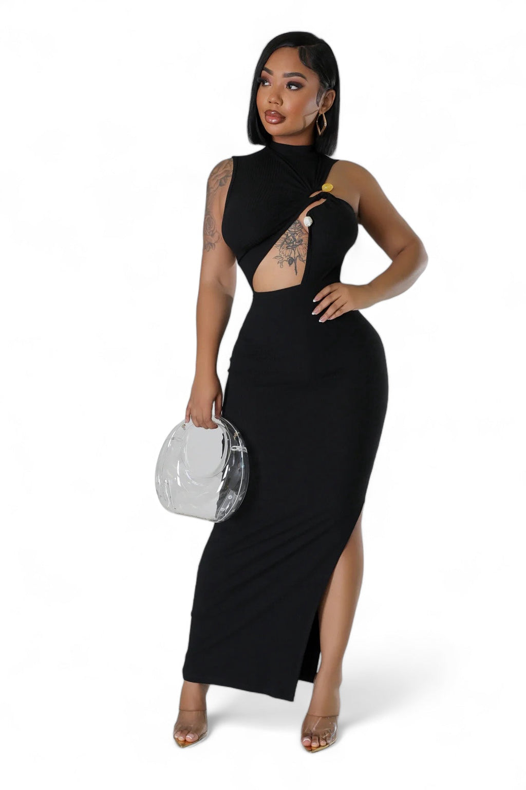 Ribbed Cut Out Slit Midi Dress